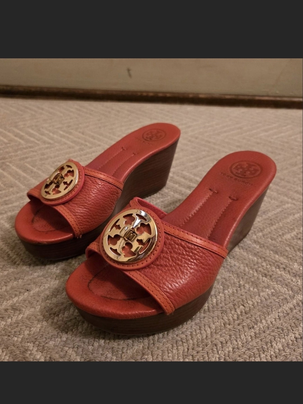 Tory Burch Red Leather Wedge Slide Sandals